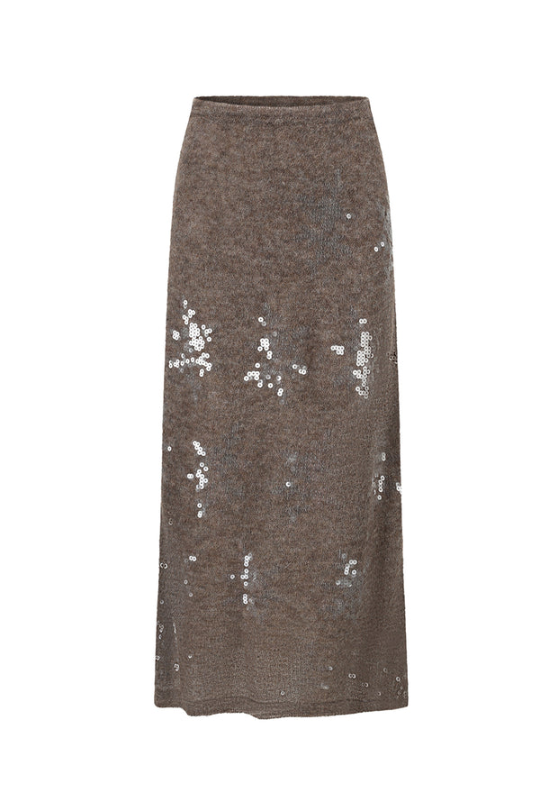 SWAYING 2025 Fall/Winter Collection: Beaded Alpaca Wool Sweater/Skirt Set SW-SW-SW25AW3B05C2S2-HZ (Floral, Gray-Brown) Skirt (SW25AW1T07C1S4)